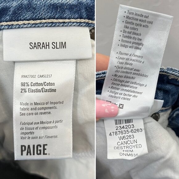 Paige Sarah Slim Cancun Destroyed Hem High Rise Jeans Size 24 light wash - Picture 11 of 11